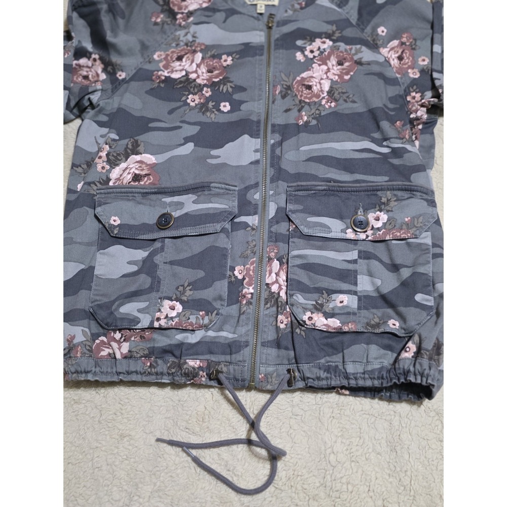 Democracy Floral Camo Utility Jacket Womens Medium M Gray‎ Pink Full Zip Bomber